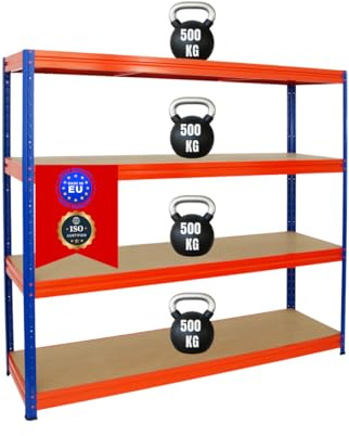 PROREGAL Schwerlastregal Dino HxBxT 180x200x60 cm Fachlast 500kg Blau/Orange, Garagenregal, Lagerregal, Steckregal, Kellerregal
