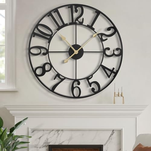 LEIKE Large Wall Clock, 24 Silent Non-Ticking, Battery Operated, Oversized, Decorative Retro Black Metal Clock for Living Room,Farmhouse, Dinner Room,Indoor, Outdoor Decor(60cm, Black Arabic Number)