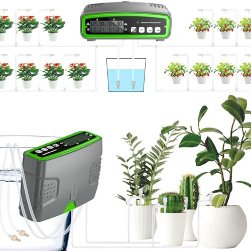 AIBISTAR Kit Irrigazione a Goccia, Indipendenza Intelligente Sistema di Irrigazione da Giardino con Tempistica a Doppia Pompa, Con Tubo di Irrigazione da 15 M, Adatto per Piante in Vaso da Interni