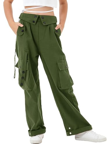 Rolanko Ragazze Pantaloni Cargo, Vita Alta Elastica con Tasche Multiple e Pantaloni a Gamba Larga per Bambini