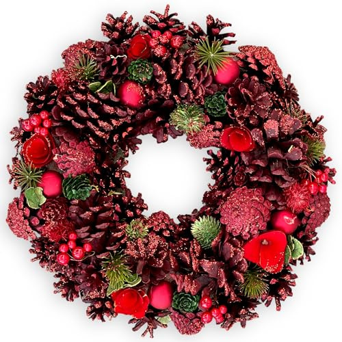 MIJOMA Weihnachtskranz Tannenzapfenkranz - Wunderschöne Winterliche Dekoration für Wand und Tür - Handgearbeiteter Adventskranz mit echten Tannenzapfen, künstlicher Tanne und Beeren (rot/grün)