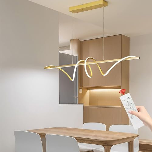 Mikeru Suspension LED pour salle à manger, design moderne en spirale - Intensité variable en continu - Avec télécommande - Fonction mémoire - Hauteur réglable - Pour cuisine, salon - 120 cm - Doré
