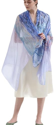 Prettystern Mujer Xl Bufanda De Satén Pura Seda Estola Foulard Ceremonia Elegante Bolero Impresión Artística, Claude Monet - En el mar, 180 cm X 110 cm, chiffon di seta