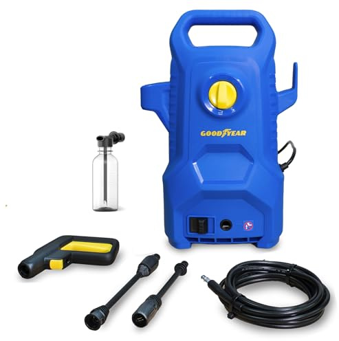 Goodyear - Nettoyeur Haute Pression 1400W 100 Bars, Débit 300 l/h. Lance et Pistolet, Tuyau 5m, système Auto Stop, réservoir détergent 200ml. pour Voiture, Jardin et terrasse