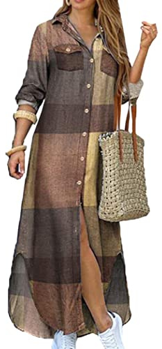 OMZIN Mujer Camisa De Mezclilla Vestidos Vestido De Manga Larga Botón Abajo Casual Vestido Túnica Top Caqui 3XL