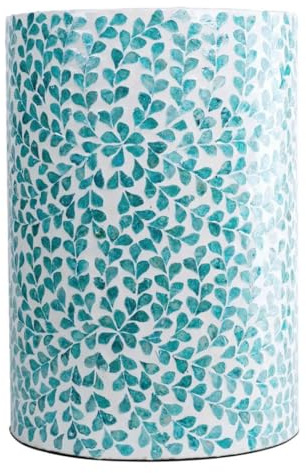 PEMAR Mother of Pearl Inlaid Cylinder Drum End Table Nacre Capiz Shell Side Table Stool Drum Accent Table Coffee Bedside Side Table Round Nightstand and Vanity Stool (Teal Floral)