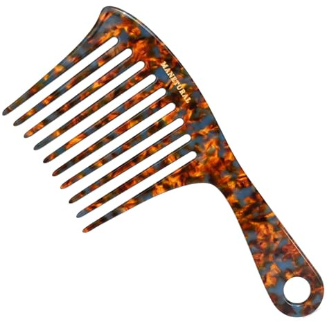 MANETURAL D1 | Large wide tooth Handle comb for Curly Hair, 7.4 Inch Mustache and Beard Comb for Men | Elevates, Preserves Curl, Eliminates frizz | Acetate comb (Tortoise)