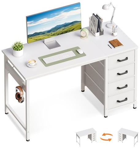 ODK Kleiner Schreibtisch mit 4 Schubladen, 100x48x75.7cm Computertisch Umkehrbarer Bürotisch mit Kopfhörer Halter, PC Tisch Holz für Heimbüro, Weiß