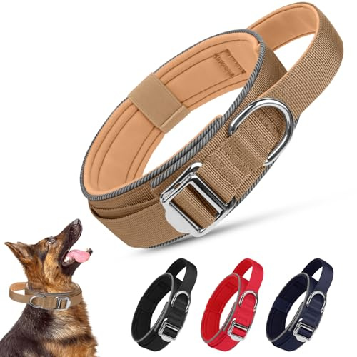 Ledeak Taktisches Hundehalsband, Weich Depolstert Atmungsaktives Hunde Halsband, Verstellbare Nylon Reflektierend Hundehalsband Mit tragbarer Metallschnalle für Mittel Große Hunde (Khaki, M)