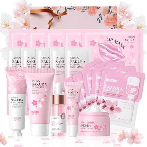 LAIKOU Ansiktsvårdsset Sakura, 8 styck med Tonik, Ansiktskräm, Ansiktsserum och Ansiktsmask, Ansiktsvårdsset Sakura, Sakura för Ansiktsrengöring för Tjejer och Kvinnor