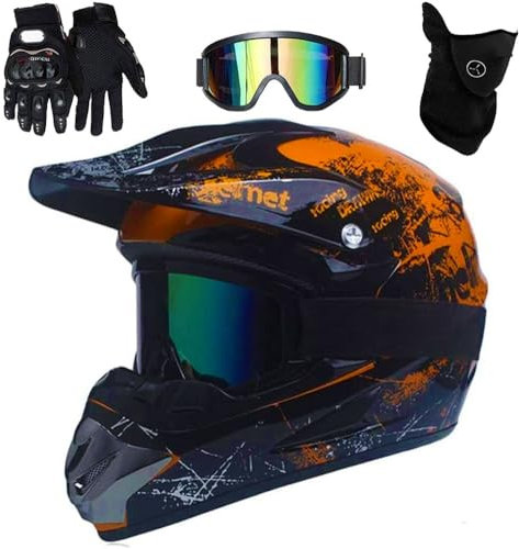 DOT Dirt Bike Helm für Kinder und Jugendliche mit Handschuhen, Schutzbrille und Maske für 8–18 Jahre, Kinder-ATV-Helm für Jungen und Mädchen, Motocross, Offroad(Orange 80,L(56-57cm))