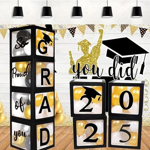 2025 Graduation Party Decoration, 4Pcs Graduation Black Balloon Boxes with Letters 2025 GRAD So Proud of You, Class of 2025 School Grad Party Supplies, Party Favors for Any Grades