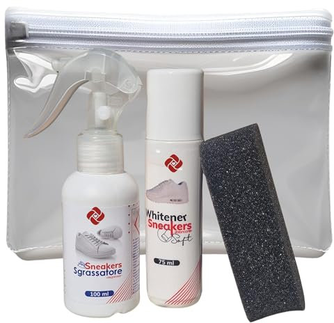 CHICHOUSE Kit Pulizia Sneakers – Set Completo con Spugna, Sgrassatore 100 ml, Lucidante/Sbiancante 75 ml e Pochette – Per Pulire, Sgrassare e Lucidare Scarpe da Ginnastica