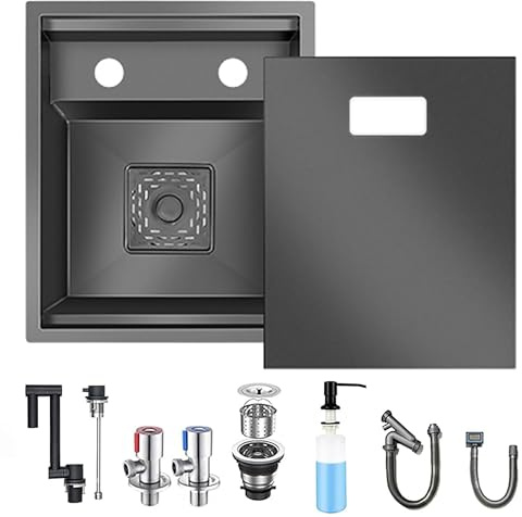 Hidden Stainless Steel Bar Sink with Folding Faucet, Concealed Undermount Workstation Sink for Kitchen, RV, Small Bar or Prep Area (Black-B, 35x45CM)