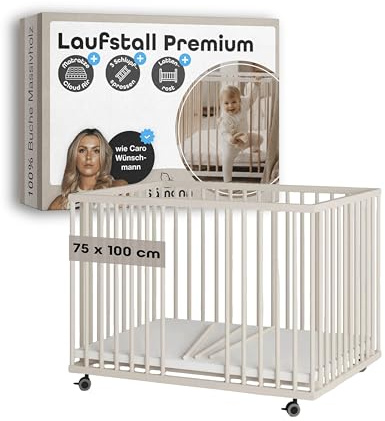 Sämann Baby Laufstall aus Holz I Sahara Dust 75x100 cm I Inkl. Matratze Cloud Air, Lattenrost & Schlupfsprossen I Höhenverstellbares Babybett I Laufgitter mit gummierten Rollen I TÜV geprüft