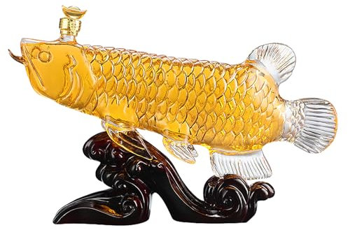Golden Arowana Carafe à décanter en verre en forme d'animal - Grande capacité - 1000 ml - Avec base et boîte cadeau - Convient pour offrir à des amis et des proches lors des festivals (avec coffret