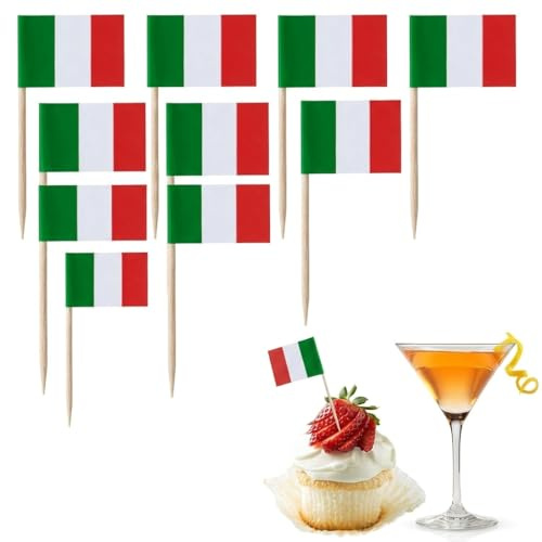 100 palillos de dientes con bandera de Italia, palillos de dientes con banderas, palillos de frutas, papel para decoración de tartas, palillos de dientes, banderas, cócteles con impresión de doble