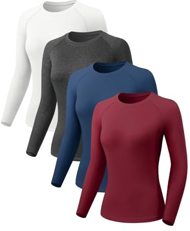 ATTIQOZI 4 Pack Langarmshirt Damen Schnelltrocknend Funktionsshirt Damen Kompressionsshirt Laufshirts, Atmungsaktiv Workout Fitness Oberteil Langarm Sportshirt Weiß/Grau/Navyblau/Dunkelrot XXL