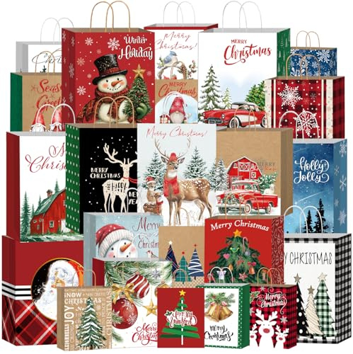 DECHISY24 Stück Geschenktüten Weihnachten, Papiertüten Weihnachten mit Griffen, Weihnachtstüten mit 3 Größen, Weihnachtstüte für Weihnachtsgeschenke, Partyzubehör (8 Extra Groß, 8 Groß, 8 Mittel)