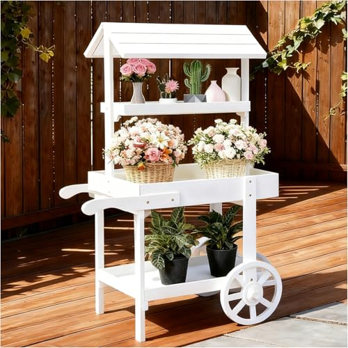 LCKJZYL Farm Stand Outdoor, Durable Wooden Flower Cart Display Stand with Wheels, 3 Tier Candy Cart for Gardens, Porches, Indoor Stores, Home, Weddings, Gardening Market, Craft Fairs