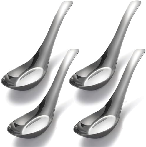 4 Stück Suppenlöffel SUS304 Edelstahl Löffel Chinesische Asiatische Suppenlöffel Set von Abendessen Löffel für Pho Wonton Knödel Bouillon Dessert Getreide Miso