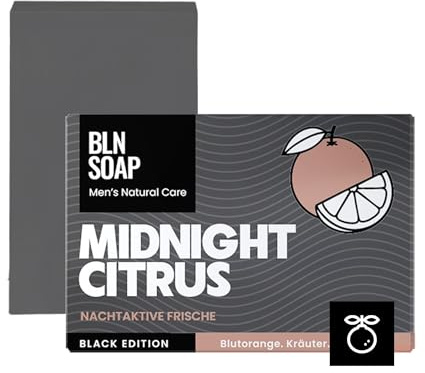 Midnight Citrus Feste Männerseife: Natürliche Seife für Männer, Hand, Körper & Haare, Körperseife Aktivkohle & Blutorange Mann, Shampoo Vegan, 3-in-1 Duschseife, Festes Duschgel, 135 g, BLN SOAP