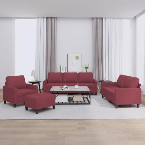 HETFTJN 4-TLG Sofagarnitur Weinrot mit Ottomane 78x77x80 cm Polyester Holz-Metall Wohnzimmer Jugendzimmer Büro