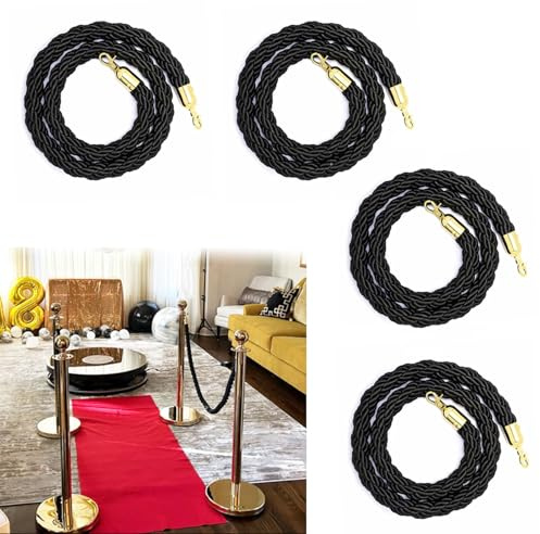 4-pack dekorativa flätade hamparep för fester, svarta bara bara rep, vridna händelserep, röd matta med d/silverkrokar - 1,5 m (5 fot)