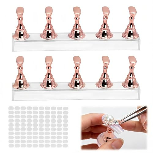 2Pcs Supports Magnétiques pour Faux Ongles, Presentoir à Ongles Capsules avec Base Acrylique et 100 Autocollants, Support Nail Art Magnétique (Or Rose)