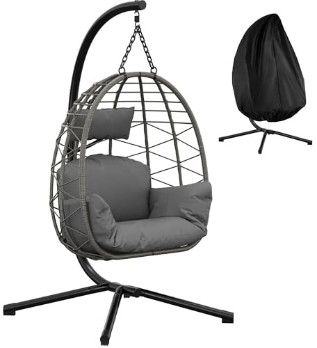 GarveeLife Columpio Jardin Exterior - Silla Colgante con Soporte Totalmente Metálico - Silla Huevo Colgante con Capacidad de 150 Kg - Incluye Cojines Relax para Jardín, Balcón, Patio, Color Gris