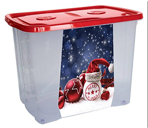 M-Home | Aufbewahrungsbox für Kinder, mit Deckel + Rollen | Kunststoff transparent/Deckel Farbe | Weihnachtsmotiv | 59 x 39 x 45 cm / 64 Liter | Fashion Simply-Roller | PLS4959-137