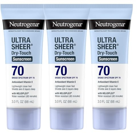Neutrogena Ultra Sheer Dry-Touch Sunscreen For Face & Body, SPF 70 Broad Spectrum UVA/UVB Protection, Lightweight Water Resistant & Non-Greasy, Travel Size Sunscreen, 3 fl. oz (Pack of 3)