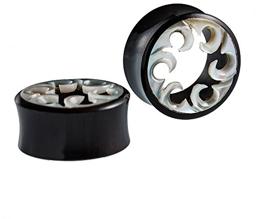 CHICNET Horn Tunnel Waves handgeschnitzt Perlmutt Flesh Plug weiß schwarz Expander | Double Flared Muschel Earplug Ohrring Dehner | Unisex Ohrplug Männer Frauen Lobe Piercing Wellen Welle Wave 25 mm