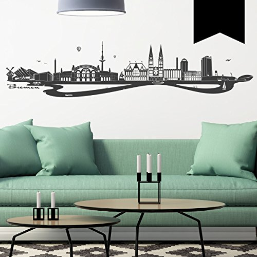 WANDKINGS Wandtattoo - Skyline Bremen (mit Fluss) - 190 x 42 cm - Schwarz - Wähle aus 6 Größen & 35 Farben
