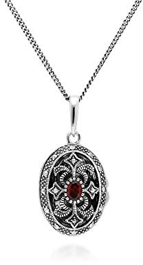 Médaillon ovale en argent sterling 925 avec grenat et marcassite Style Art Nouveau, Pendentif