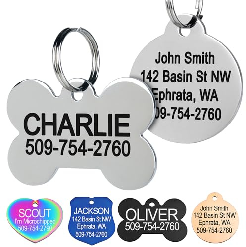 GoTags Stainless Steel Pet ID Tags, Personalized Dog Tags and Cat Tags, up to 8 Lines of Custom Text, Engraved on Both Sides, in Bone, Round, Heart, Bowtie and More (Dog Bone, Regular (Pack of 1))