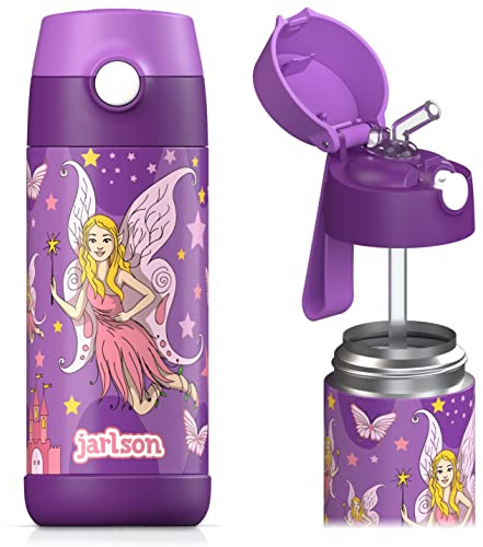 Jarlson - Barnflaska i rostfritt stål – termosflaska för barn, 350 ml – BPA-fri – med sugrör – för skola, sport och förskola (Fée 2, 350 ml)