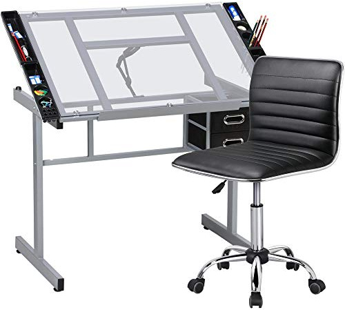 Yaheetech Adjustable Drafting Draft Table Glass Drawing Desk Tiltable Tabletop w/Stool and Storage Drawers for Reading, Writing, Painting Art Craft Work Station