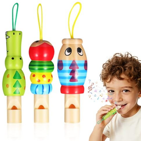 NUOBESTY 3Pcs Kids Wooden Whistle, Animal Music Toy Colourful Party Bag Fillers Easy Hold Whistle Early Development Educational Toys for Children Birthday Party Favours (Random Styles)