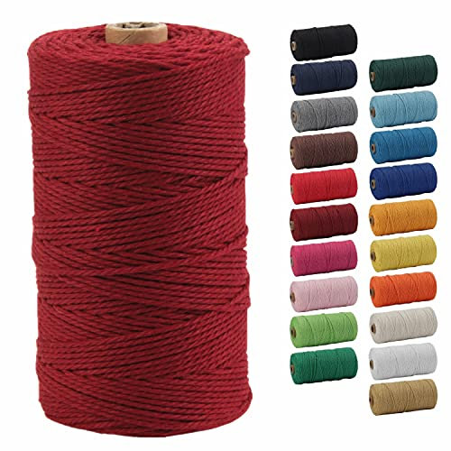 POZEAN Makramee-Seil, 2 mm x 200 m, farbiges Makramee-Seil, 100 % natürliches Baumwollseil zum Aufhängen, Pflanzenaufhänger, Basteln, Stricken, Weihnachten, Hochzeit, dekorative Projekte (Weinrot)