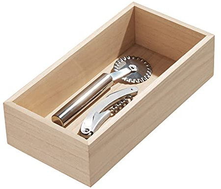 iDesign Bandeja organizadora para la cocina, caja organizadora de madera de paulownia para el cajón o el armario de la cocina, organizador de cajones para cubiertos, beige