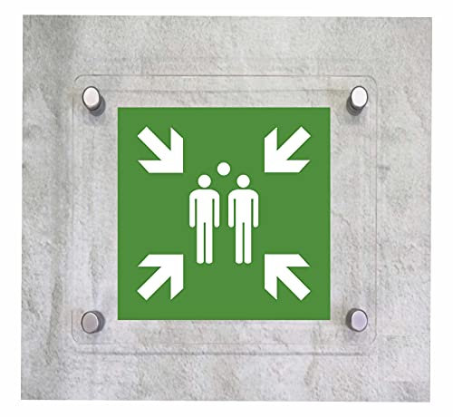CARTELLO IN PLEXIGLASS SEGNALETICO - EMERGENZA PUNTO DI RITROVO - Con Distanziali in acciaio inox e Stampa U.V. (15X15)