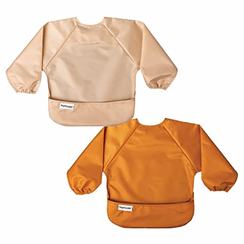 Tiny Twinkle Mess Proof Baby Bib, 2 Pack Long Sleeve Bib Outfit, Waterproof Bibs for Toddlers, Machine Washable, Tug Proof (Sand Cinnamon, Klein 6-24 Months)