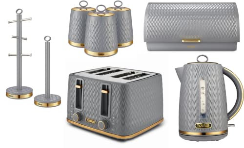 TOWER Empire Grey Kitchen Set Including Jug Kettle, 4 Slice Toaster, Bread Bin, Set of 3 Canisters, Mug Tree & Towel Pole. Art Deco Design Kitchen Set of 8 Items in Grey with Brass Accents