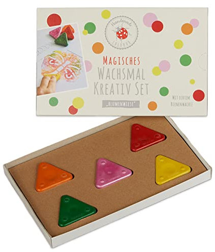 Lulubug Magisches Wachsmalset| 4 Wachsmal Dreiecke, 1 Wachsmal Dreieck Metallic, 5 Schablonen | Wachsmalblöcke, Wachsmalstifte | Motiv: Blumenwiese