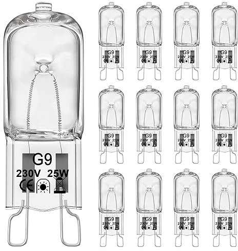 VIIVUU Lampadina Alogena G9 25W, G9 Lampadine Alogene JCD Bi-Pin 260LM 230V dimmerabili, Lampadina Forno 300°C Resistente Bianco Caldo 2800K Lampada per Micro,Lampadari, Pendenti, Luci per 12 Pezzi