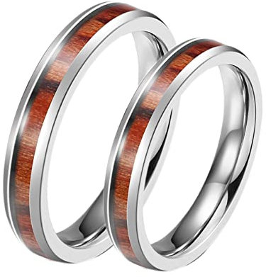 Dsnyu Ring Männer, Holz Einlegen Freundschaftsringe 4MM, Edelstahl Silber Eheringe Paar für Schwester Damen GR. 60 (19.1) + Herren GR. 60 (19.1)