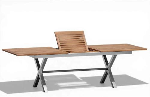 ALEOS. Edelstahl Teak Ausziehtisch 200/260x100 cm Gartentisch Holztisch Esstisch Tisch Teakholztisch Teaktisch Edelstahltisch Massive Ausführung A-Grade Teakholz Nassau