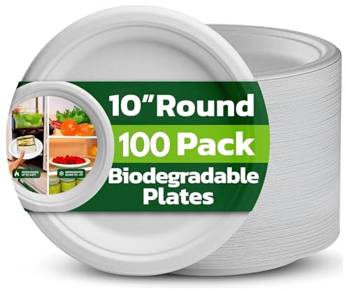 Strong Paper Plates 10 Inch 100 Pack, Heavy Duty Disposable Dinner Plates | Bagasse Plates for Hot Food, Microwave Safe, Compostable, Eco-Friendly, Biodegradable Plate, for Parties, Weddings, Picnics
