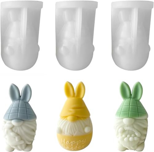 Ostern Silikonformen Gießformen, Silikonform Ostern, Ostern Wichtel Kerzeform, 3D Kaninchen Ei Zwerge Silikonform für Fondant, Sojawachs Kerzen, Seife, Gips, Epoxidharz, Ostergeschenke (3 Stück)